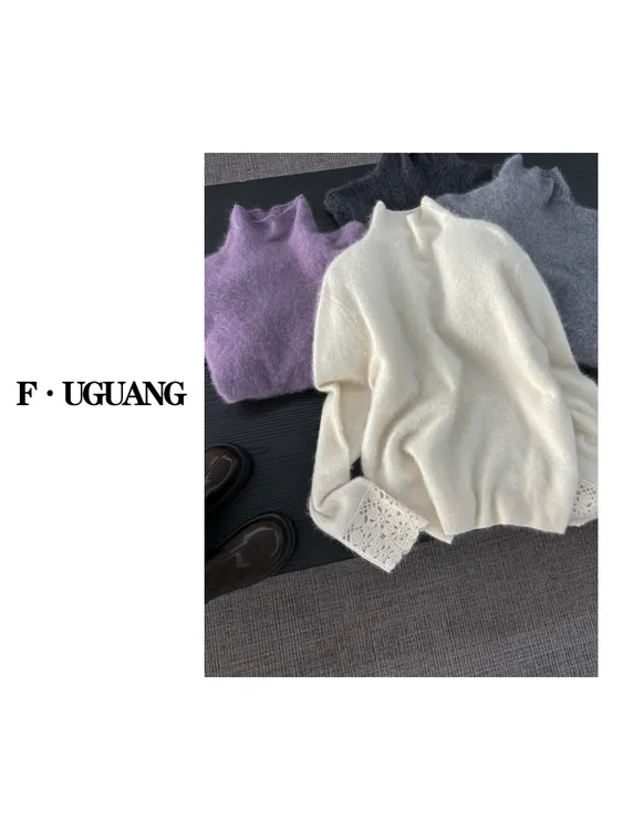 羊绒拉毛高领袖口勾花针织百搭毛衣 胸围53 衣长60 克重250  YJ03