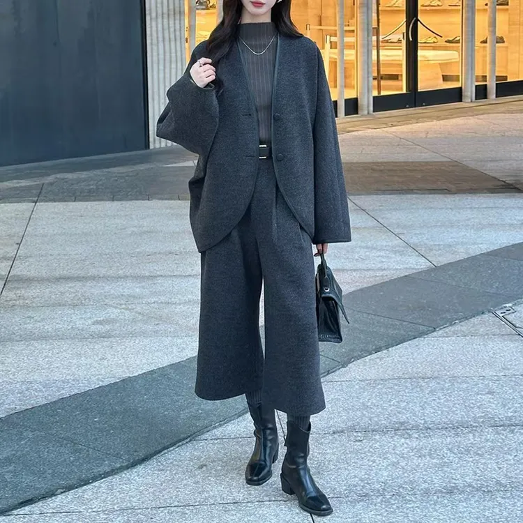【两件套】冬季气质时尚外套八分阔腿裤套装J58TZG1167