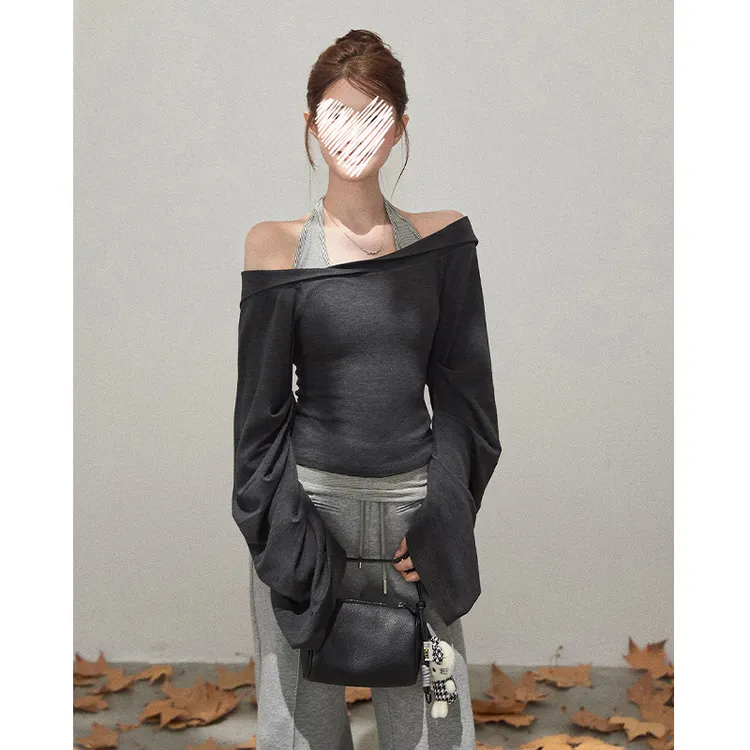 Two Million/纯欲条纹吊带背心+一字肩收腰修身短款长袖上衣