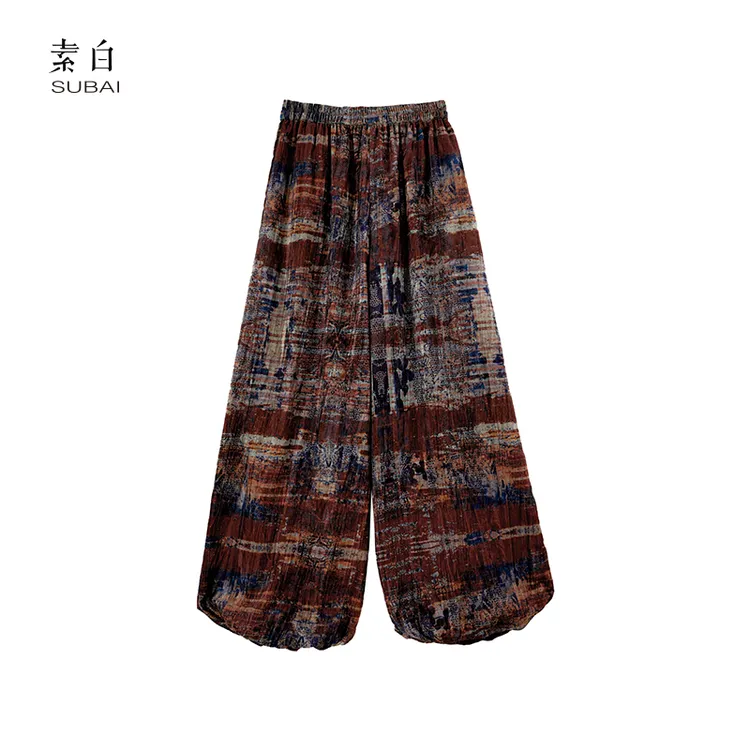 素白复古宽松【新绒】K01985小众特色款丝绒印花休闲裤