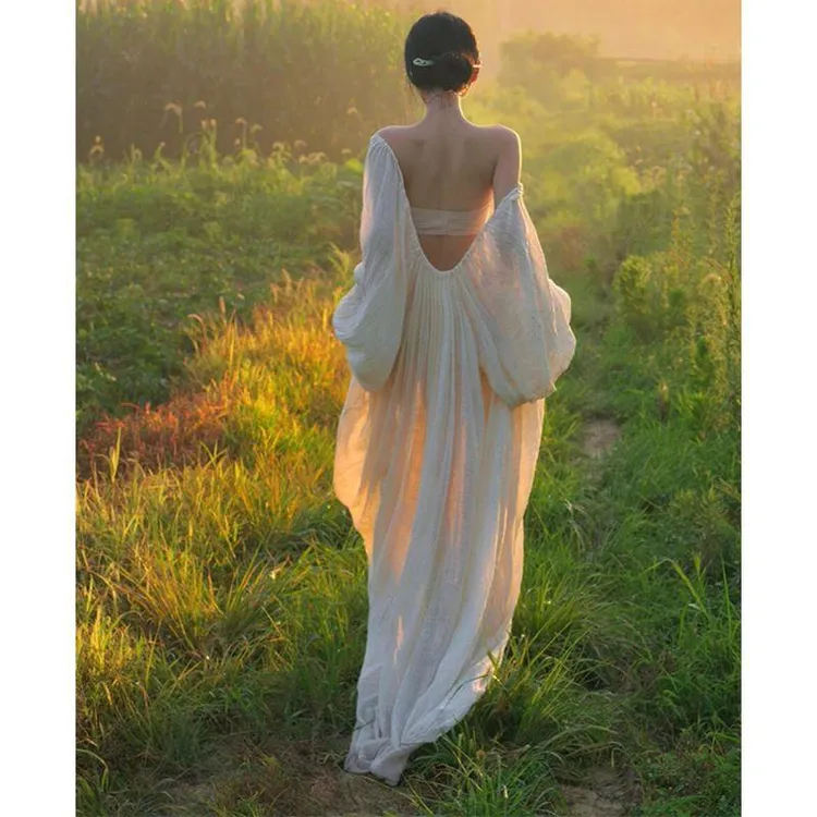 【现货秒发】韩版森系甜欲风连衣裙女新款薄款露背宽松白色长裙子