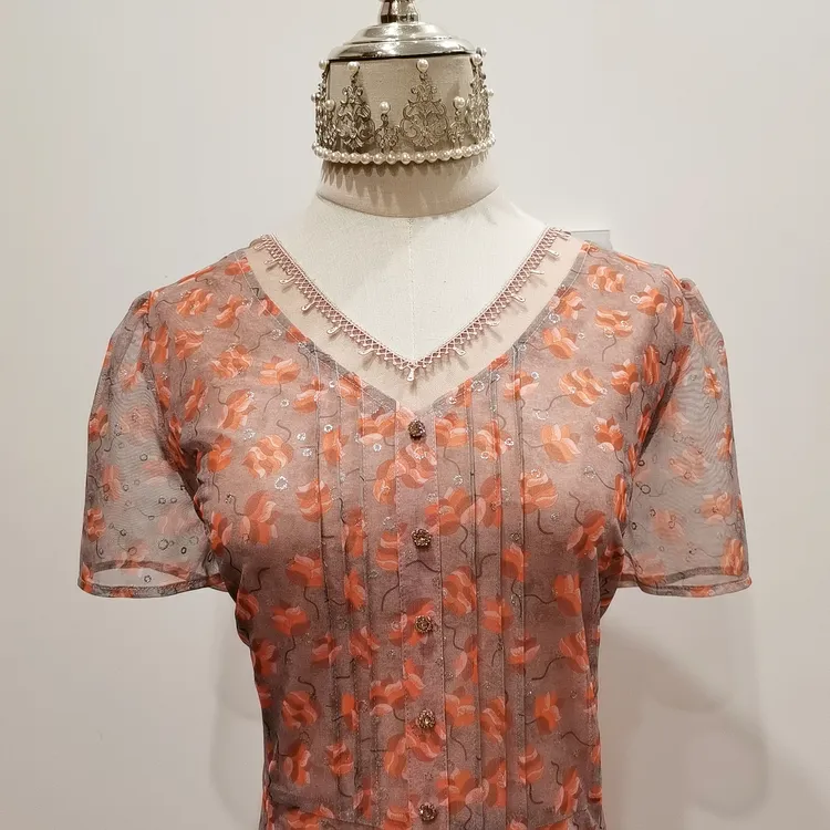 夏季提花常规中长裙短袖台湾纱连衣裙母亲节礼物时尚印花复古优雅