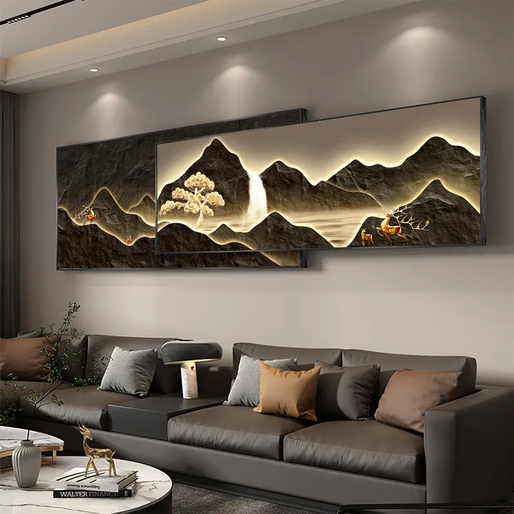 背有靠山客厅背景墙挂画轻奢沙发背墙装饰画高级感山水画叠加壁画