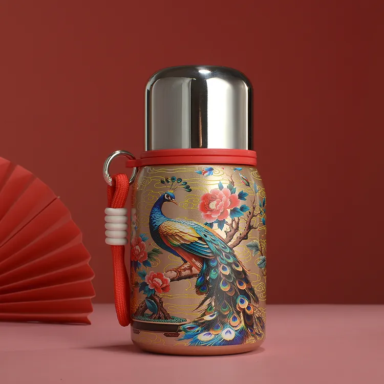 爆款316好运金孔雀轻奢保温杯高颜值大容量提绳杯便携精致女士杯