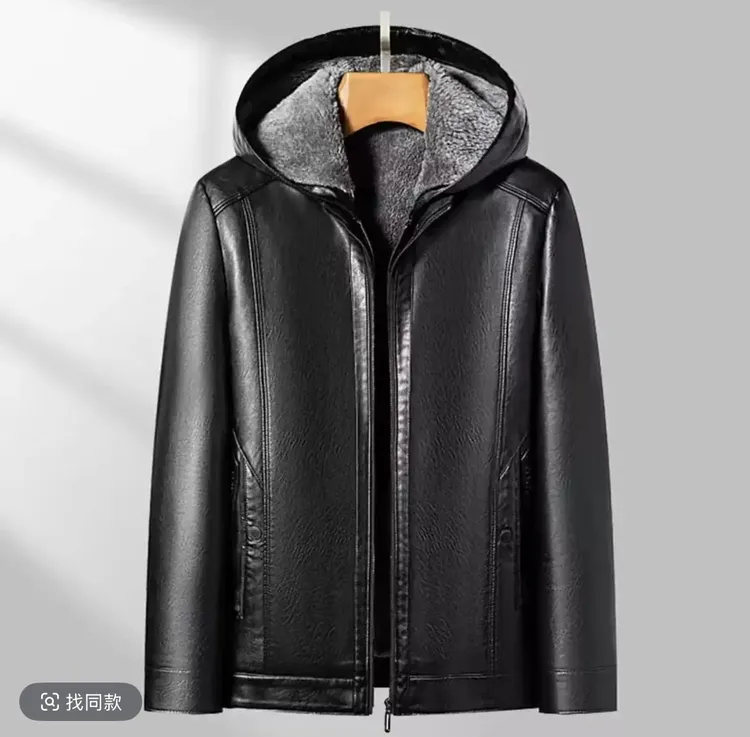 809冬季常规男男士秋冬加绒连帽皮衣爸爸长款加绒保暖大码