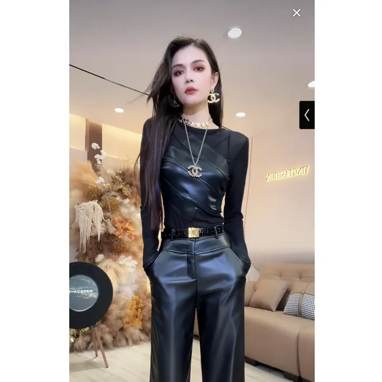 【YING FASHION】莹老板-时尚气质百搭拼皮上衣 8020760 548