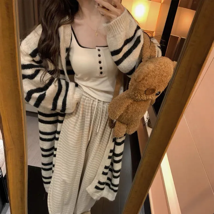 韩系连帽条纹长款毛衣外套女2025新款宽松慵懒风毛衣女秋冬