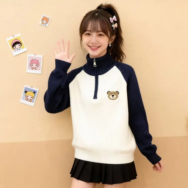 12女学生毛衣韩版秋冬装13中大童女孩半拉链15初中生针织衫外穿厚