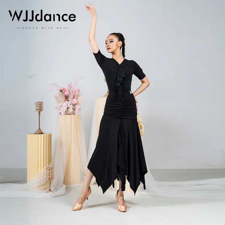 WJJdance摩登舞半身裙女2025新款抽褶飘带不规则荷叶边国标舞长裙