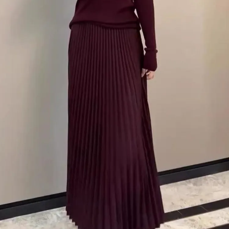 安可拉红百褶半身裙女秋冬2025新款休闲复古显瘦松紧腰a字伞裙子
