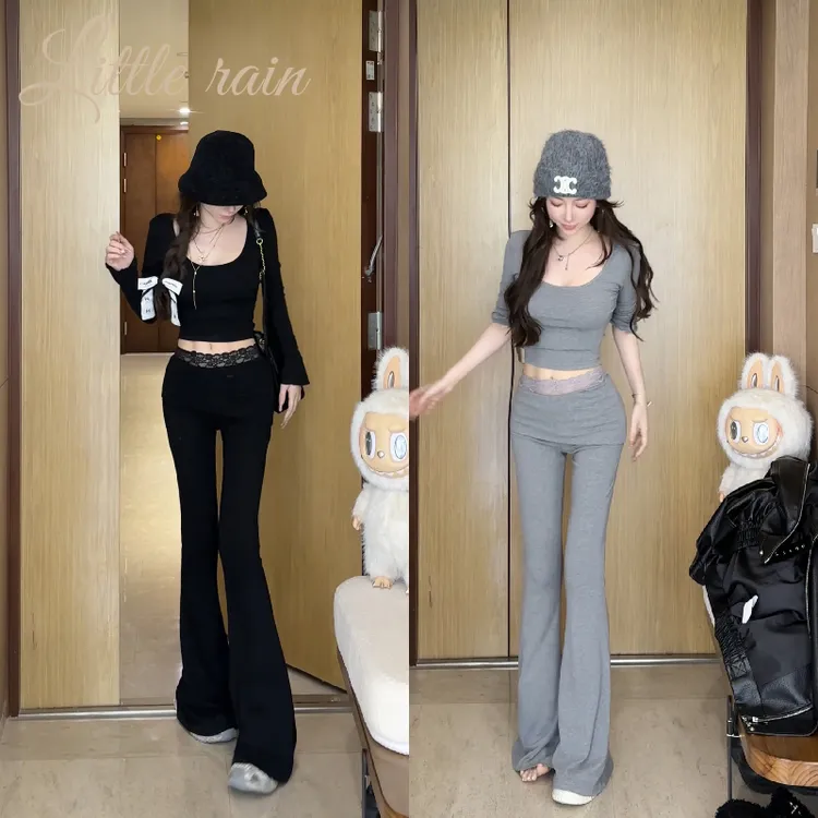 小雨姐姐【慢跑套装】时尚设计感修身U领打底+蕾丝拼接微喇叭裤套装