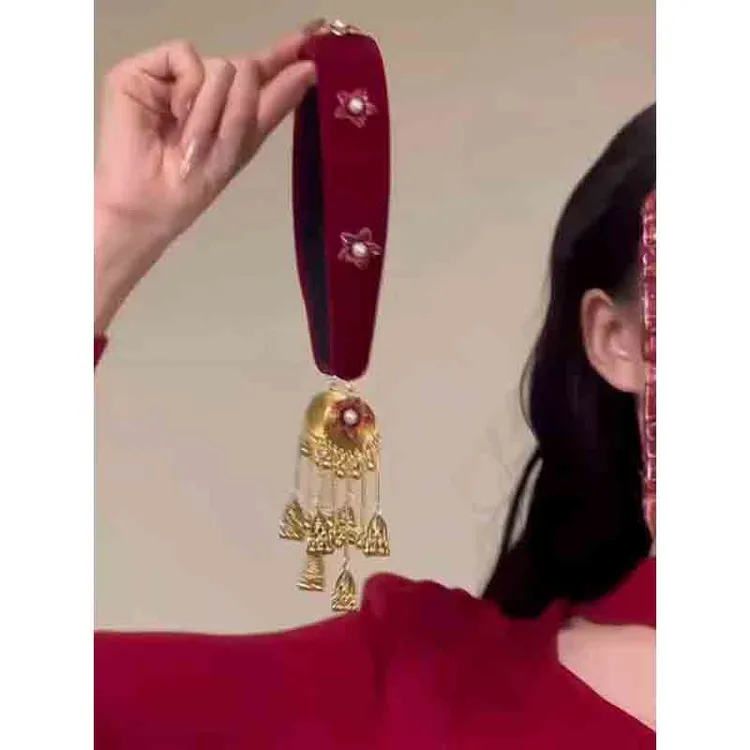 新年红丝绒发箍女新中式流苏发饰蒙古民族风头箍发卡高颅顶显白