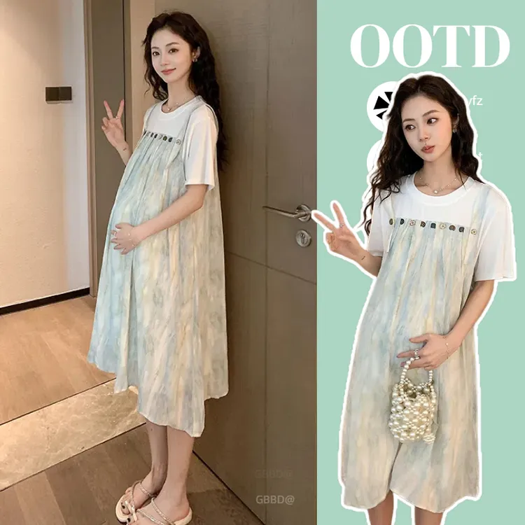 2025年时尚连衣裙长款和中长款孕妇装连衣裙薄荷曼波扎染假两件裙