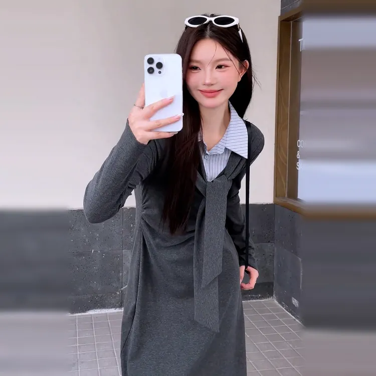 韩系拼接条纹假两件连衣裙女2025早秋季新爆款学院风气质显瘦裙子