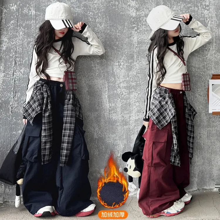 女童加绒工装裤2025新款爵士街舞表演屁帘阔腿裤女大童加厚休闲裤