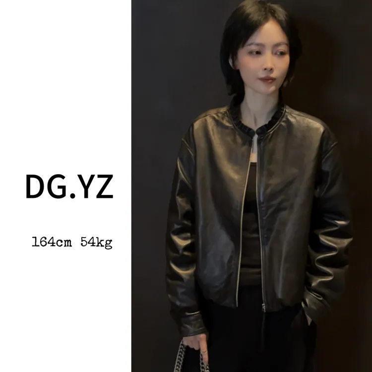 【樱子家】3082F圆领木耳边拉链宽松短款绵羊皮外套