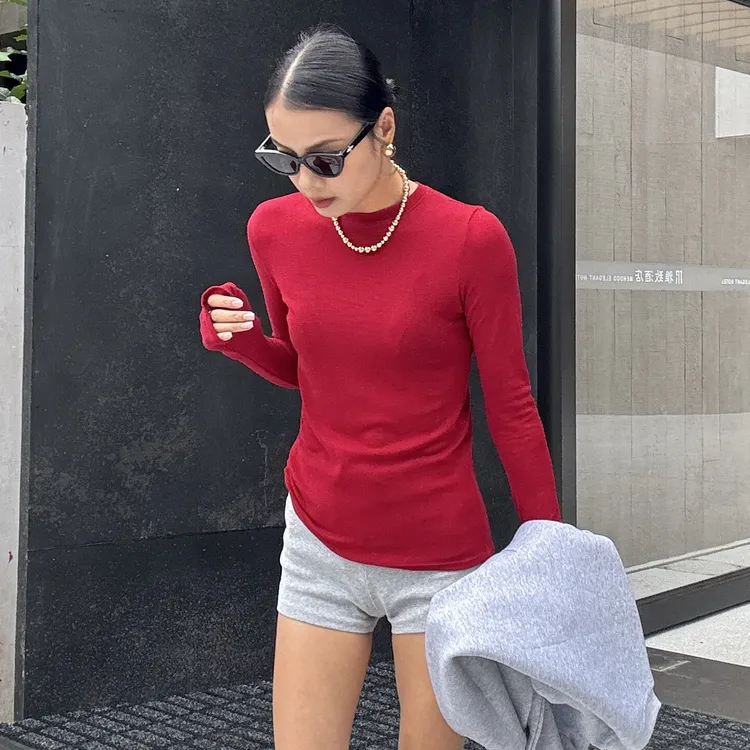606红色圆领套头长袖女天丝羊毛休闲极简透气百搭时尚内搭T恤