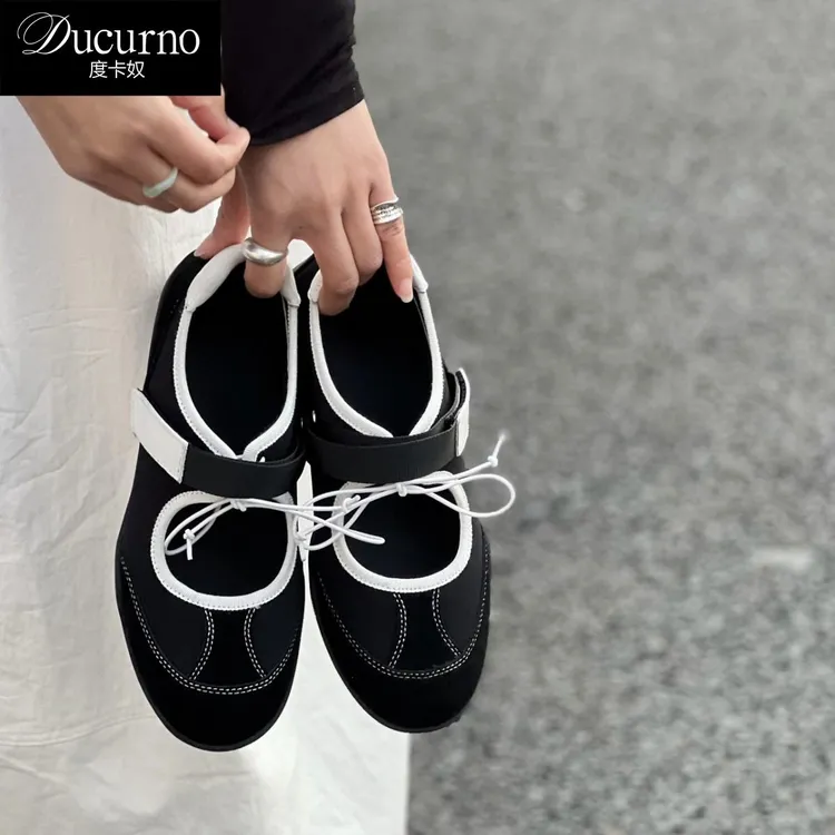 DUCURNO 韩国真皮芭蕾运动鞋百搭蝴蝶结厚底魔术贴休闲鞋浅口单鞋
