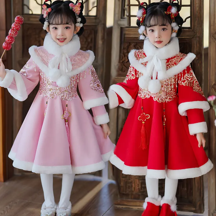 儿童拜年服2026新款加绒加厚旗袍毛呢连衣裙喜庆女童过年裙子冬季