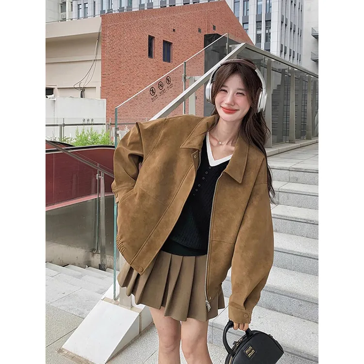 高级感复古鹿皮绒长袖外套女装秋季2025宽松显瘦美式翻领夹克上衣