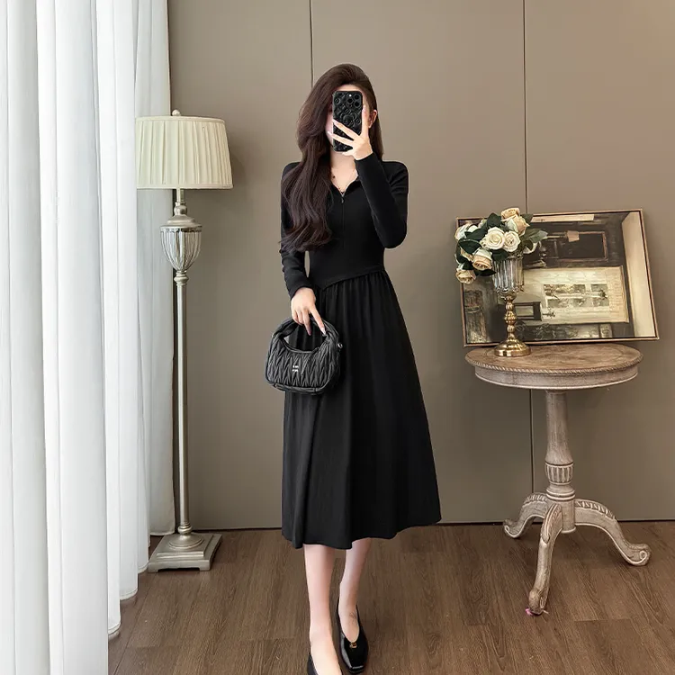 复古设计感拉链拼接黑色连衣裙女秋冬小个子收腰显瘦气质大摆长裙