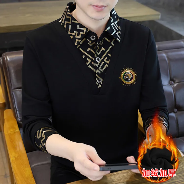 秋冬季翻领卫衣男士新款衬衫领长袖男装套头打底衫大码男装衬衫领