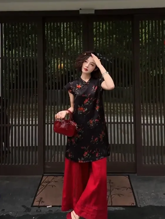 新中式气质国风提花旗袍上衣阔腿裤女装2025夏季新款轻熟御姐套装