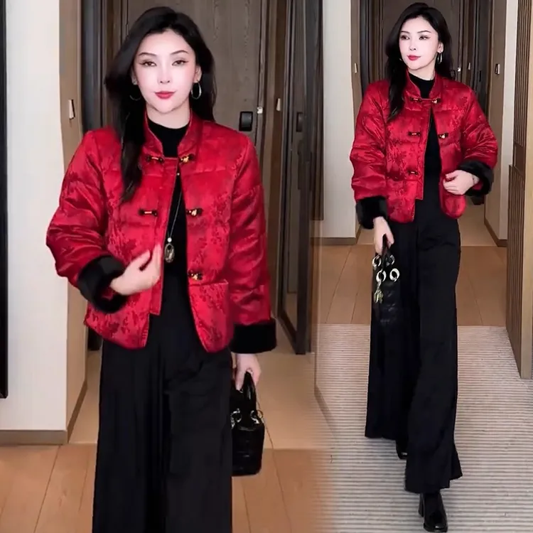 新中式国风盘扣短外套女2025冬季新款洋气加绒加厚提花棉袄上衣潮