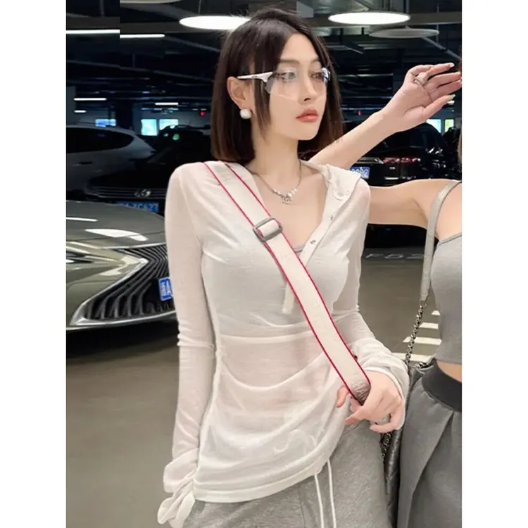 白色连帽长袖T恤女2025新款夏季防晒衣设计感小众罩衫薄纱上衣潮