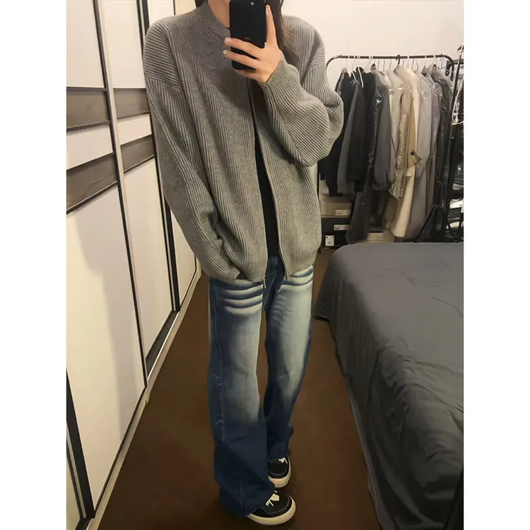 美式vintage复古深蓝水洗渐变猫须渐变微喇牛仔裤男春秋季直筒裤