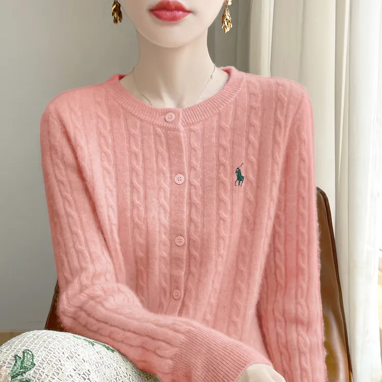 温柔减龄~100%羊毛开衫女款刺绣设计感休闲圆领时尚洋气针织衫女