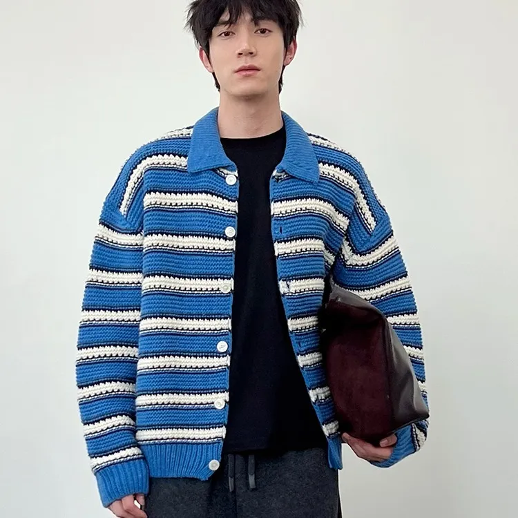 定制男装条纹开衫毛衣秋冬翻领轮廓洋气撞色落肩休闲上衣外套
