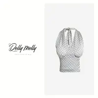 DOLLY&MOLLY黑白格纹挂脖背心吊带通勤内搭外穿绑带时尚夏秋246