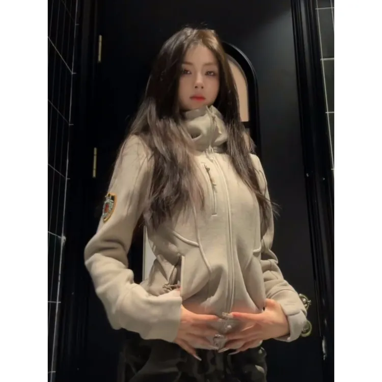 0123Start 绒面修身显瘦连帽卫衣外套女美式复古潮牌辣妹休闲上衣