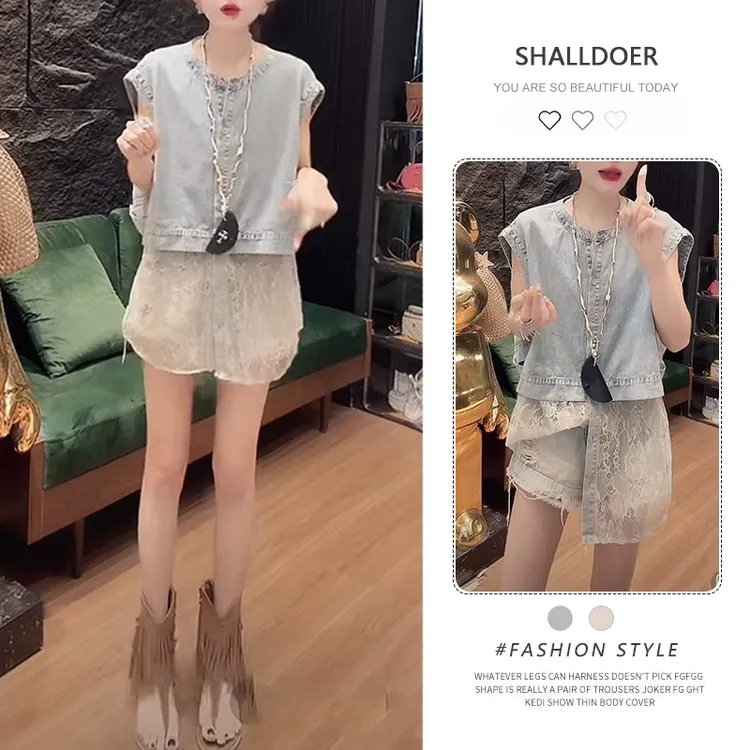 韩系复古套装女2025夏季新款港风无袖马甲衬衫阔腿牛仔裤两件套装