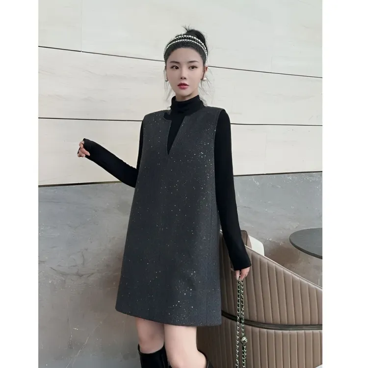 欧货重工亮片背心裙2024冬季新款小个子打底中长裙