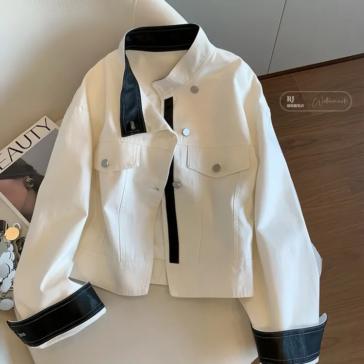 【RJ】春秋拼色夹克牛仔外套短款时尚休闲网红时尚出游服装女