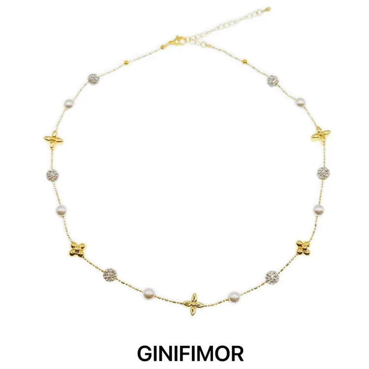 GINIFIMOR 铜合金仿珍珠项链 a705 爆闪满天星四叶花珠珠项链