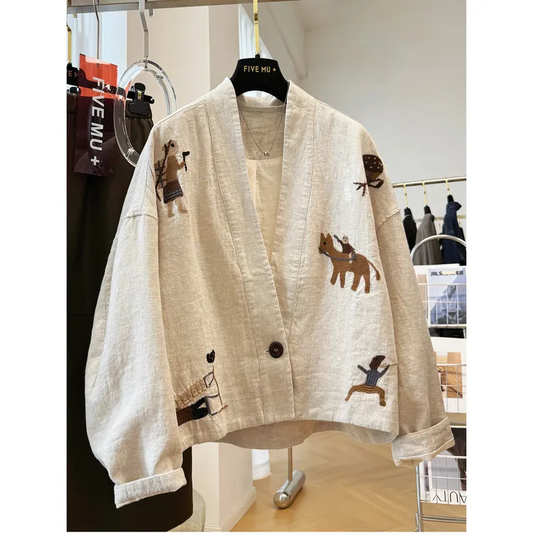 高级感重工刺绣独特别致百搭开衫V领高端棉麻短款外套女秋季上衣