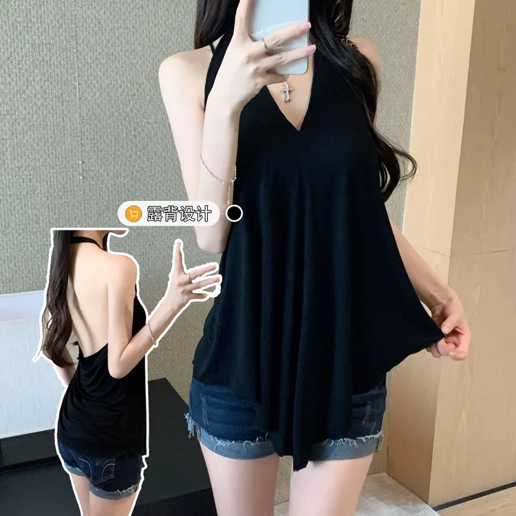 【发货超快】V领挂脖显瘦镂空慵懒风露背清爽黑色美背遮肚无袖上衣