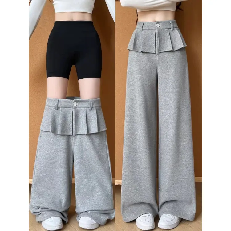 灰色西装裤女冬季加绒加厚裤子2025新款小个子高腰垂感直筒阔腿裤