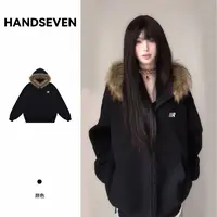 HandSeven美式复古毛领开衫情侣连帽卫衣男女秋季潮牌外套上衣