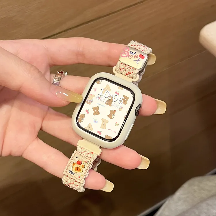 适用红米watch6表带5/4手表编织卡通苹果小熊小米手环9Pro腕带女