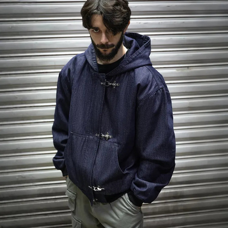 MRA男装 J130飞机扣连帽工装棉服重磅水洗丹宁绗棉夹克短外套秋冬