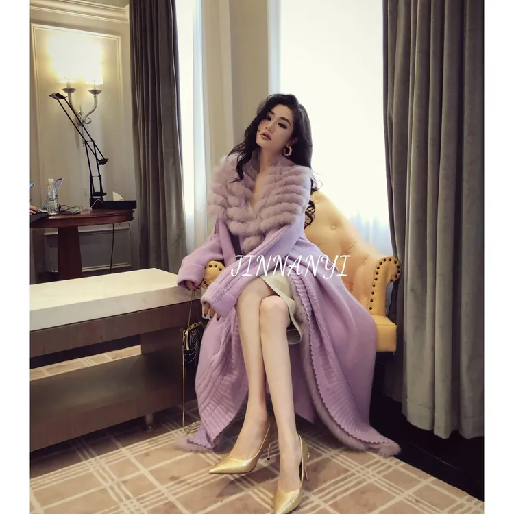 狐狸毛领15.5-15.8细度皇家山羊绒针织开衫0202411063