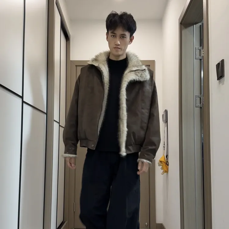 【尚且男装】冬季夹克座山雕渐变色毛领立体裁剪保暖百搭外套