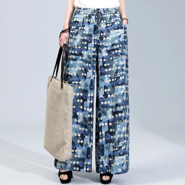 布琳达印染纯亚麻阔腿裤女2025夏天新款薄款宽松高腰休闲裤九分裤