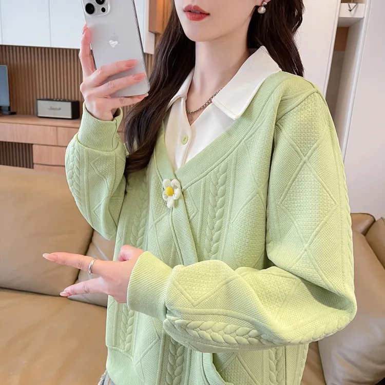 早秋polo领撞色花朵卫衣女2025新款春秋韩版宽松薄款学生上衣外套