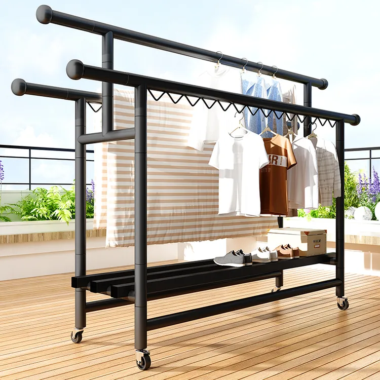 三杆款室外阳台晒衣架家用防风挂衣架挂衣杆可移动加粗加厚落地式