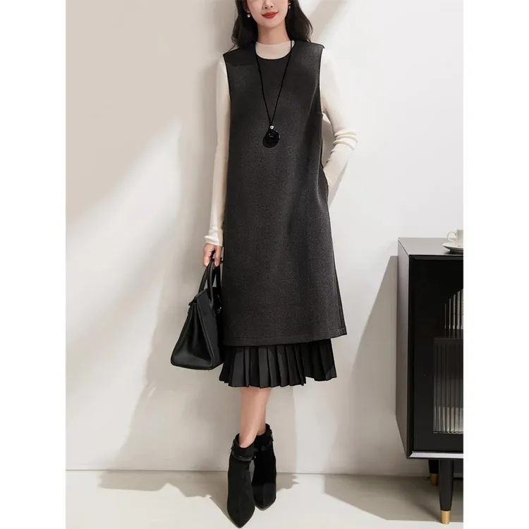绵羊毛呢料保暖显瘦背心裙秋冬高级感 百褶拼接双层无袖连衣裙女